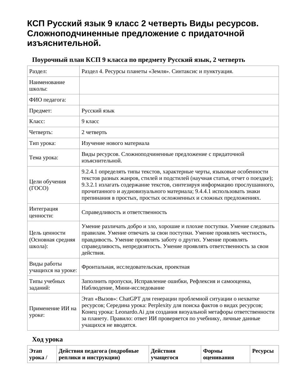 КСП Русский язык 9 класс 2 четверть Виды ресурсов. Сложноподчиненные предложение с придаточной изъяснительной.
