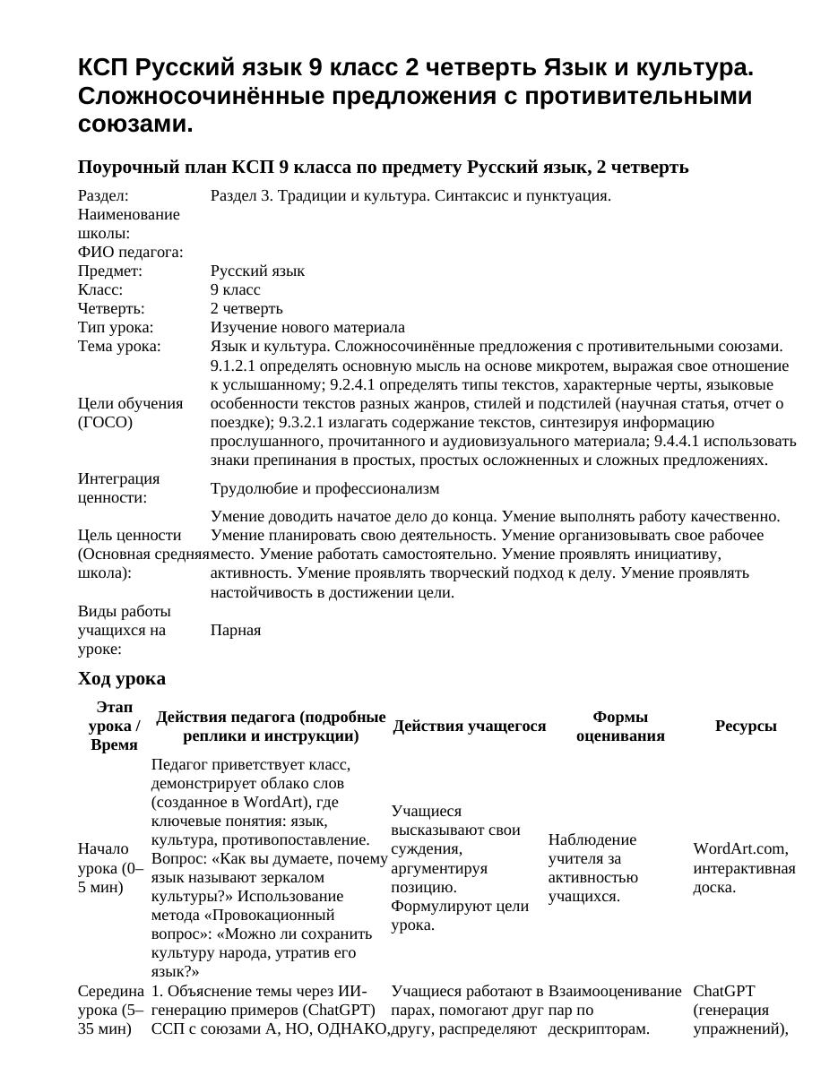 КСП Русский язык 9 класс 2 четверть Язык и культура. Сложносочинённые предложения с противительными союзами.