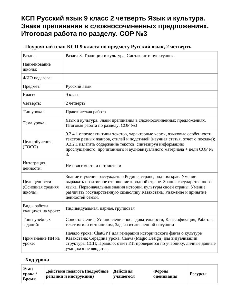 КСП Русский язык 9 класс 2 четверть Язык и культура. Знаки препинания в сложносочиненных предложениях. Итоговая работа по разделу. СОР №3