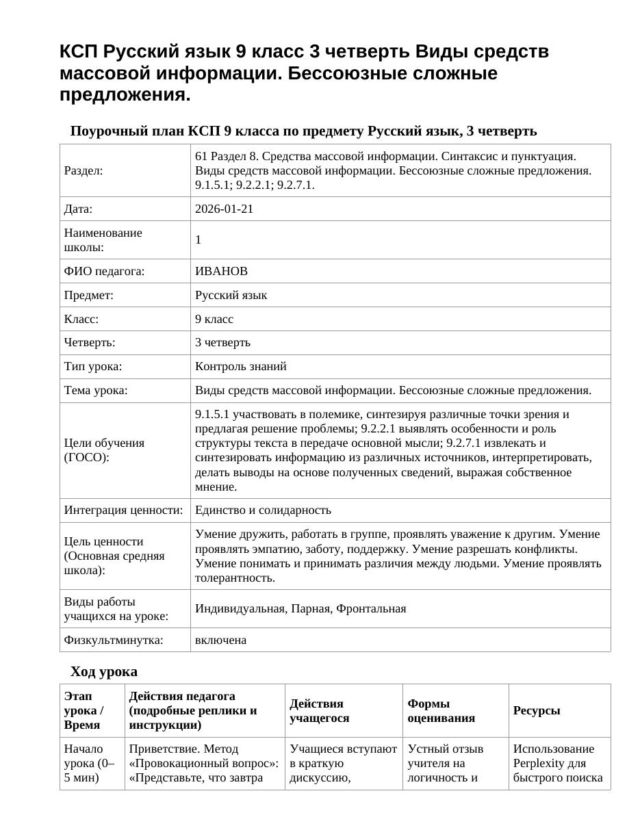 КСП Русский язык 9 класс 3 четверть Виды средств массовой информации. Бессоюзные сложные предложения.