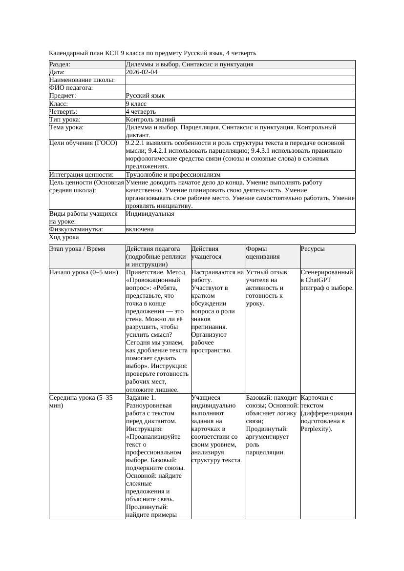 КСП Русский язык 9класс 4четверть Дилемма и выбор Парцелляция Синтаксис