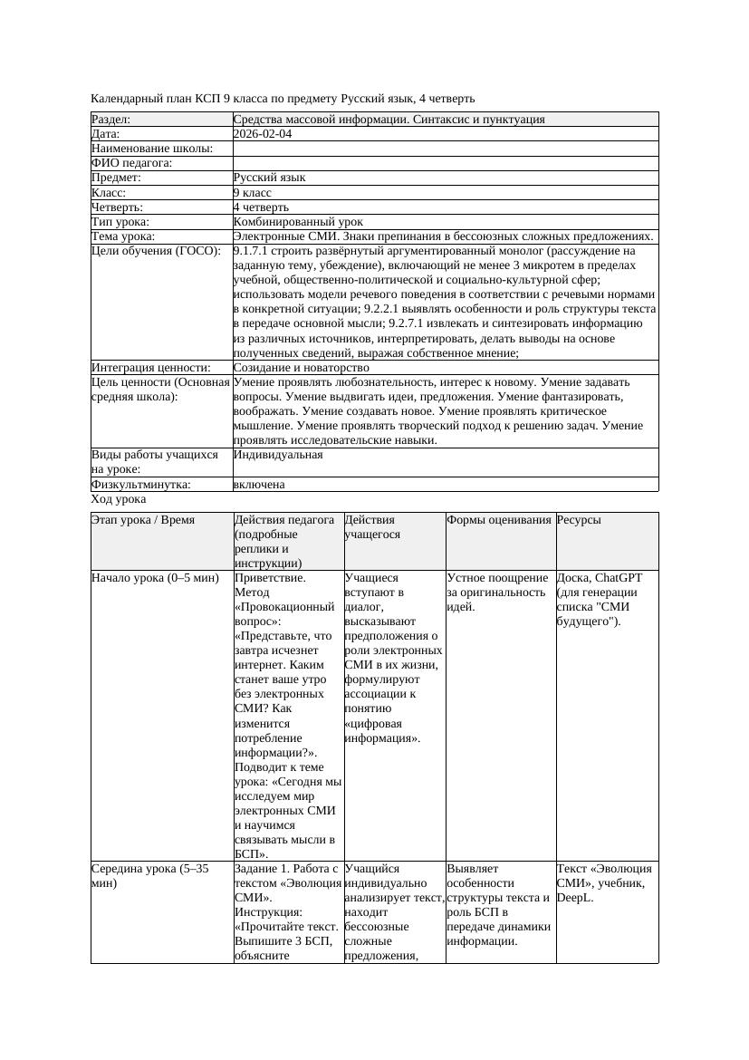 КСП Русский язык 9класс 4четверть Электронные СМИ Знаки препинания