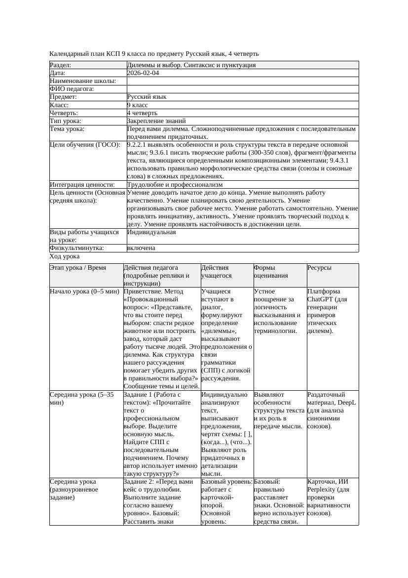 КСП Русский язык 9класс 4четверть Перед вами дилемма Сложноподчиненные
