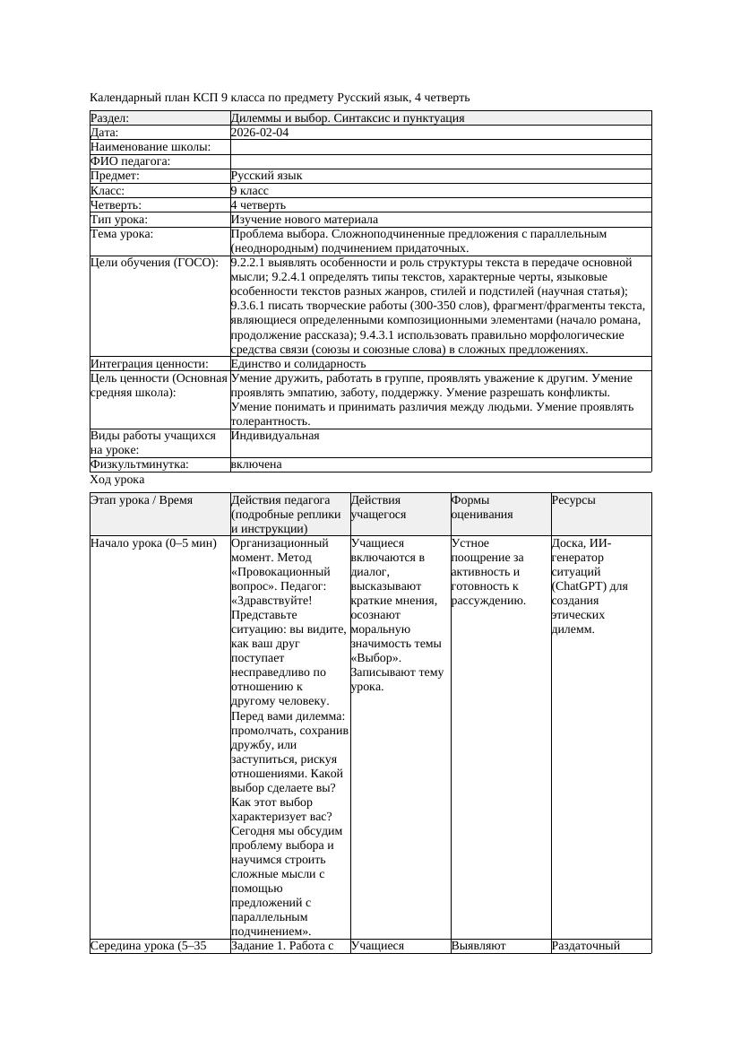КСП Русский язык 9класс 4четверть Проблема выбора Сложноподчиненные