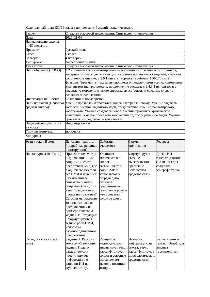 КСП Русский язык 9класс 4четверть Средства массовой информации Синтаксис