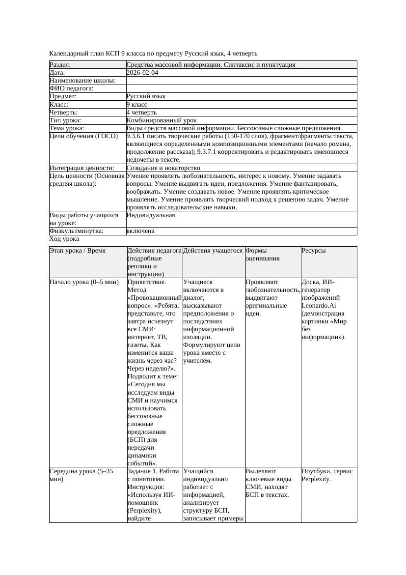 КСП Русский язык 9класс 4четверть Виды средств массовой информации
