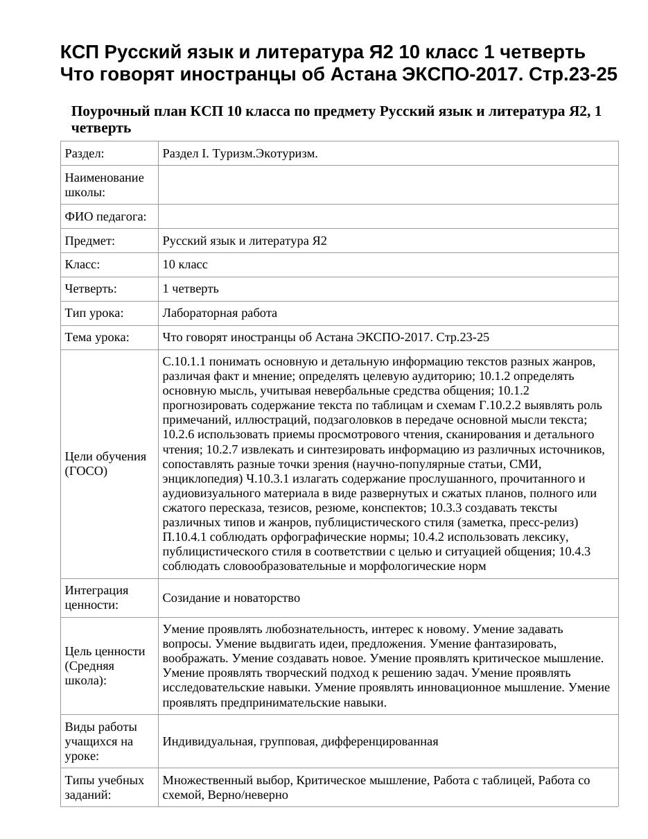КСП Русский язык и литература Я2 10 класс 1 четверть Что говорят иностранцы об Астана ЭКСПО-2017. Стр.23-25