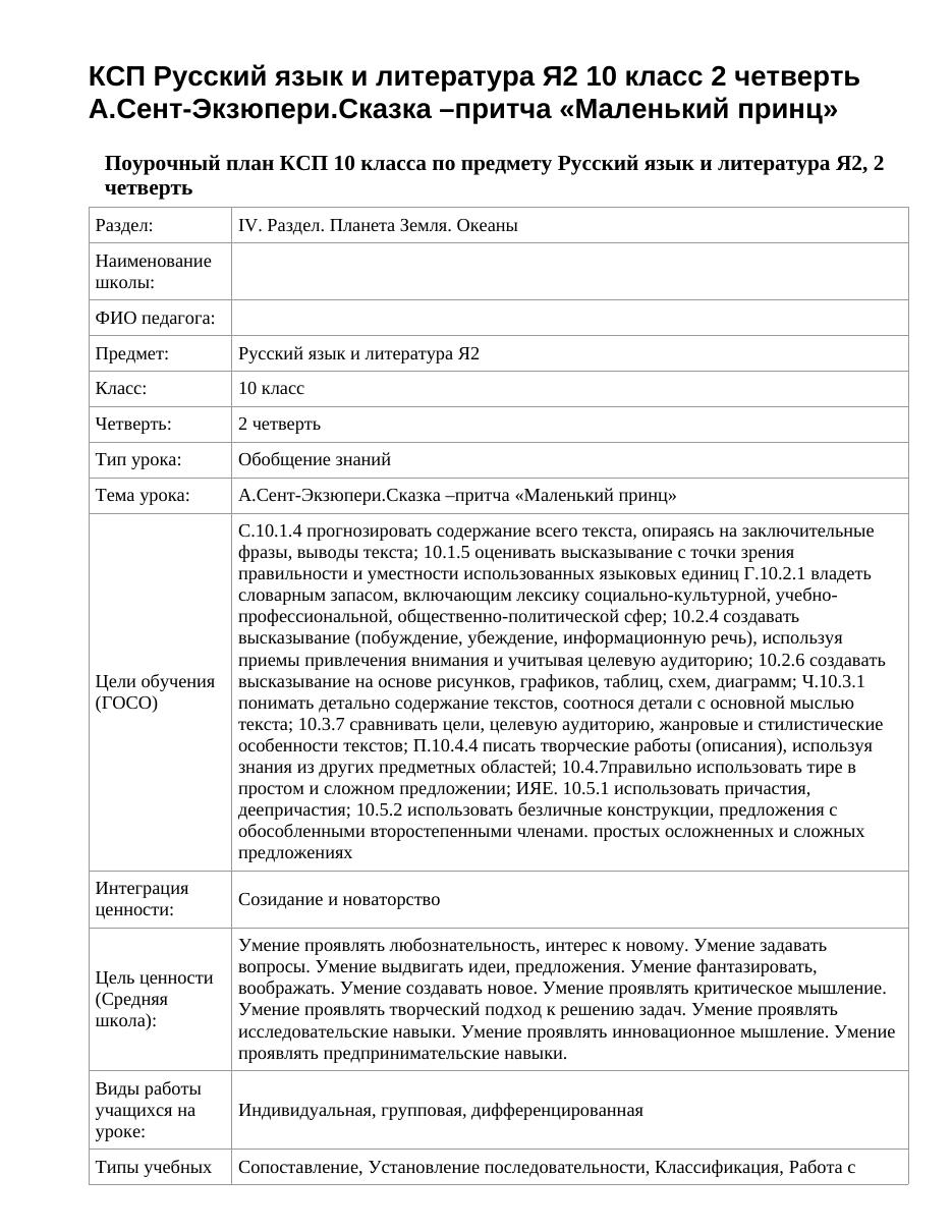 КСП Русский язык и литература Я2 10 класс 2 четверть А.Сент-Экзюпери.Сказка –притча «Маленький принц»