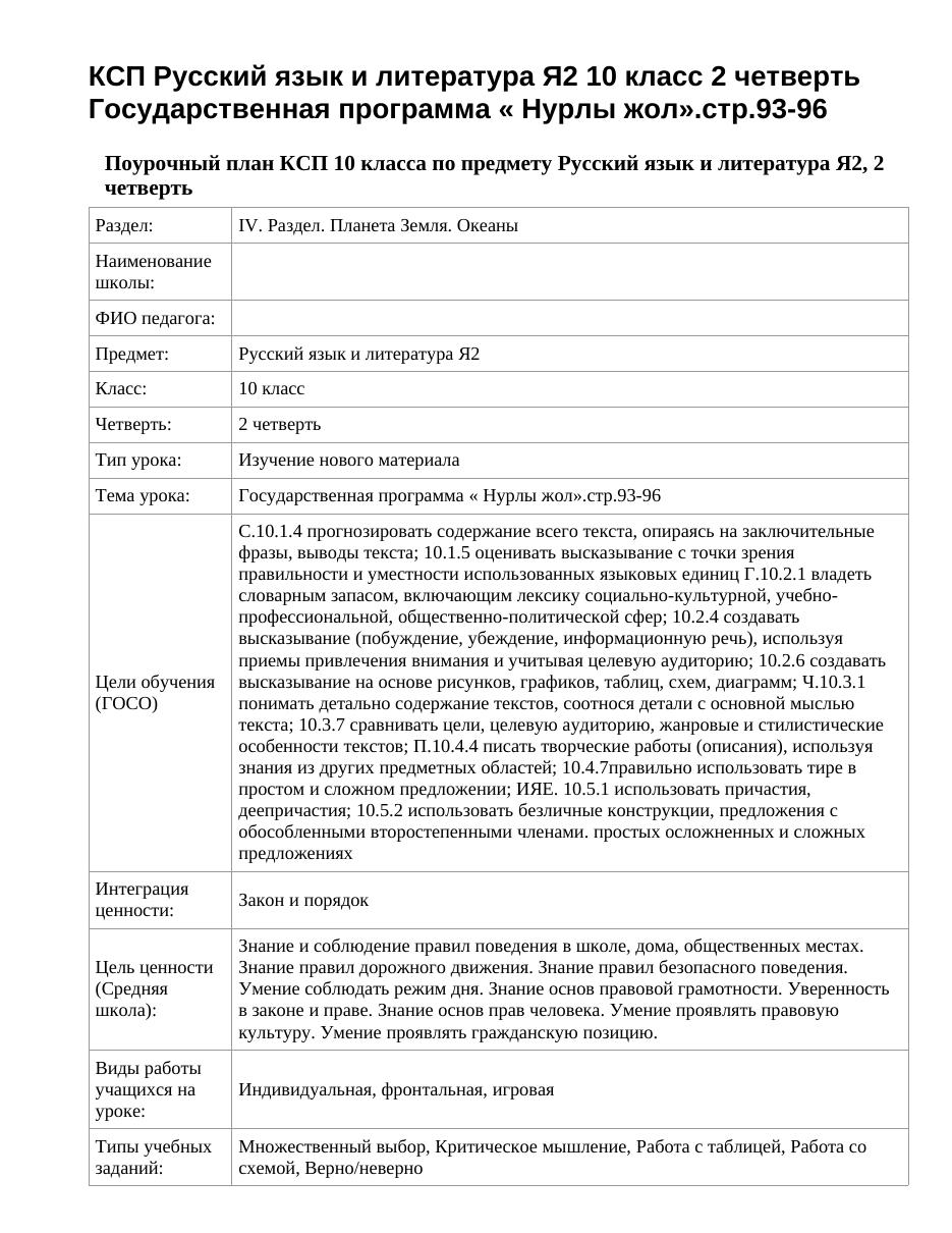 КСП Русский язык и литература Я2 10 класс 2 четверть Государственная программа « Нурлы жол».стр.93-96