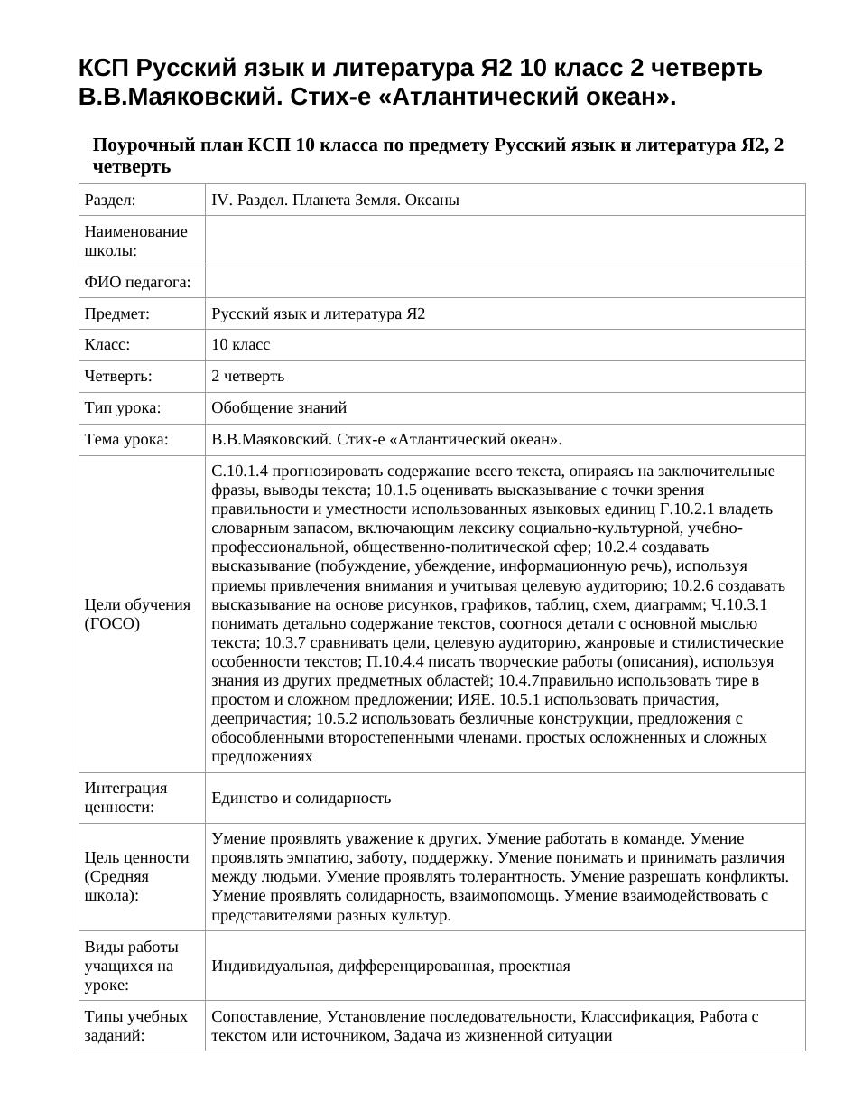 КСП Русский язык и литература Я2 10 класс 2 четверть В.В.Маяковский. Стих-е «Атлантический океан».