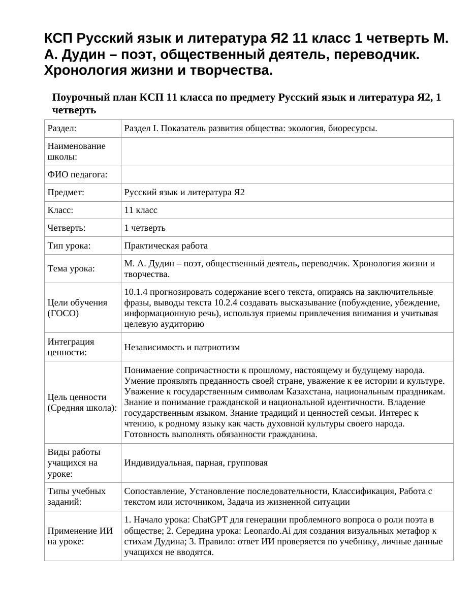КСП Русский язык и литература Я2 11 класс 1 четверть М. А. Дудин – поэт, общественный деятель, переводчик. Хронология жизни и творчества.