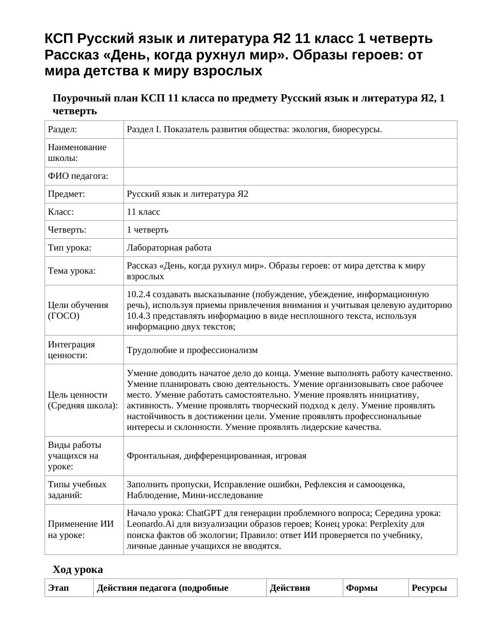 КСП Русский язык и литература Я2 11 класс 1 четверть Рассказ «День, когда рухнул мир». Образы героев: от мира детства к миру взрослых