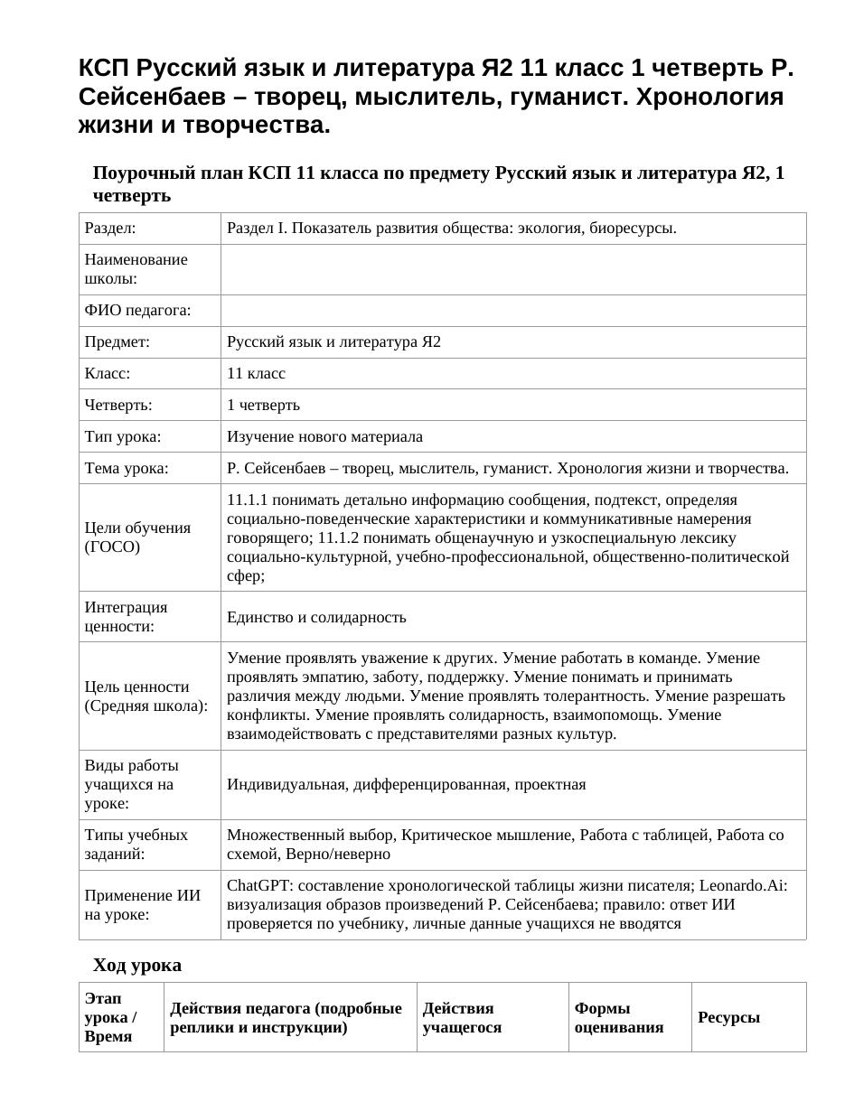 КСП Русский язык и литература Я2 11 класс 1 четверть Р. Сейсенбаев – творец, мыслитель, гуманист. Хронология жизни и творчества.