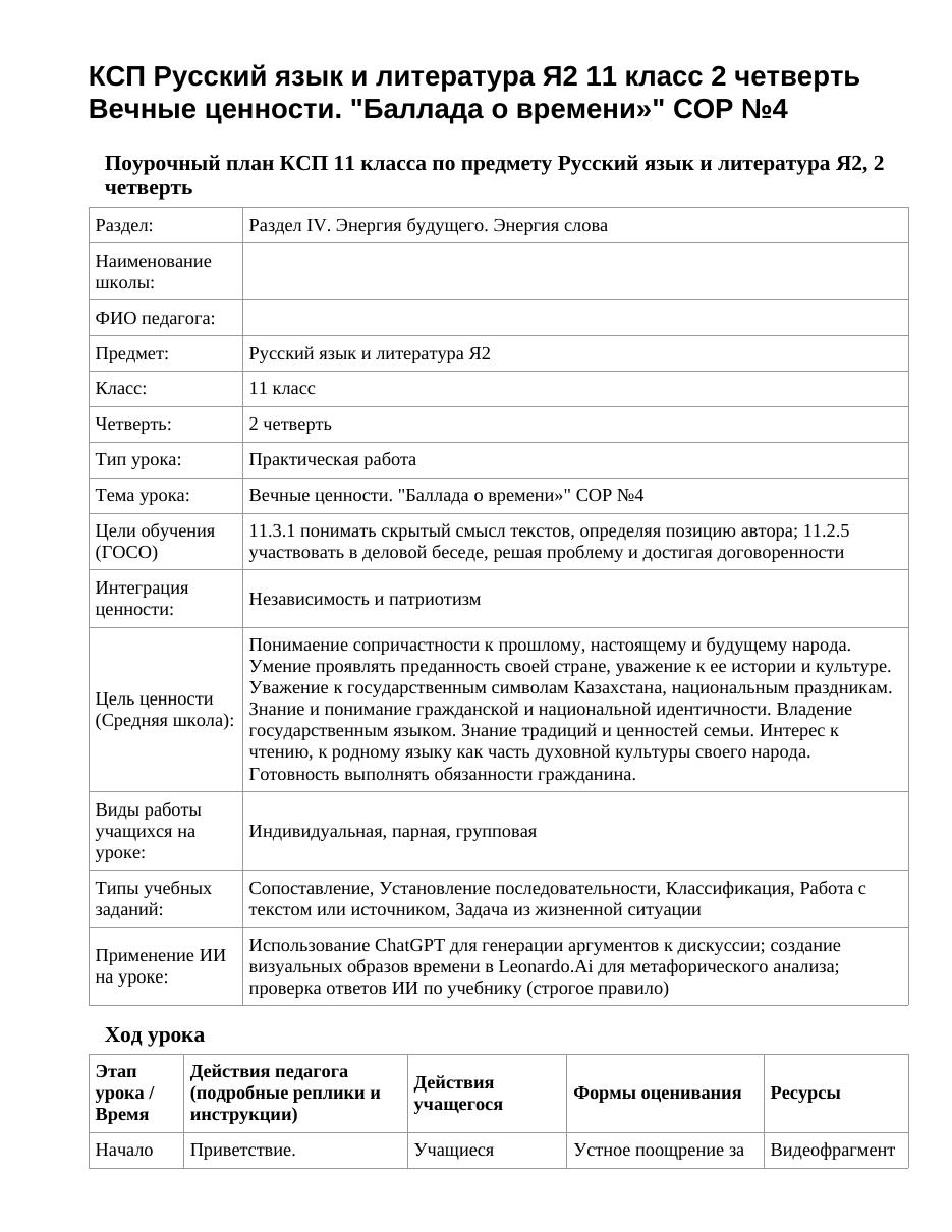КСП Русский язык и литература Я2 11 класс 2 четверть Вечные ценности. "Баллада о времени»" СОР №4