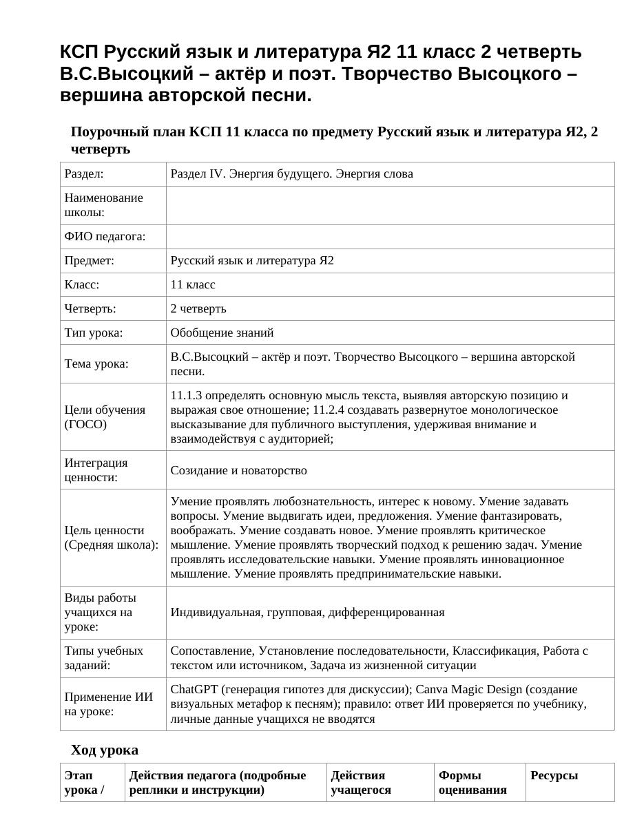 КСП Русский язык и литература Я2 11 класс 2 четверть В.С.Высоцкий – актёр и поэт. Творчество Высоцкого – вершина авторской песни.