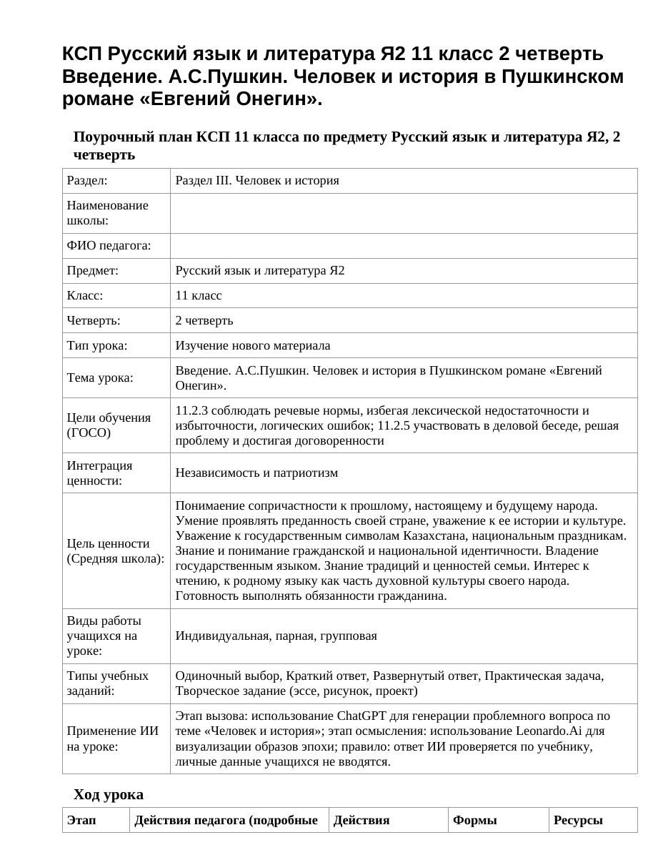 КСП Русский язык и литература Я2 11 класс 2 четверть Введение. А.С.Пушкин. Человек и история в Пушкинском романе «Евгений Онегин».