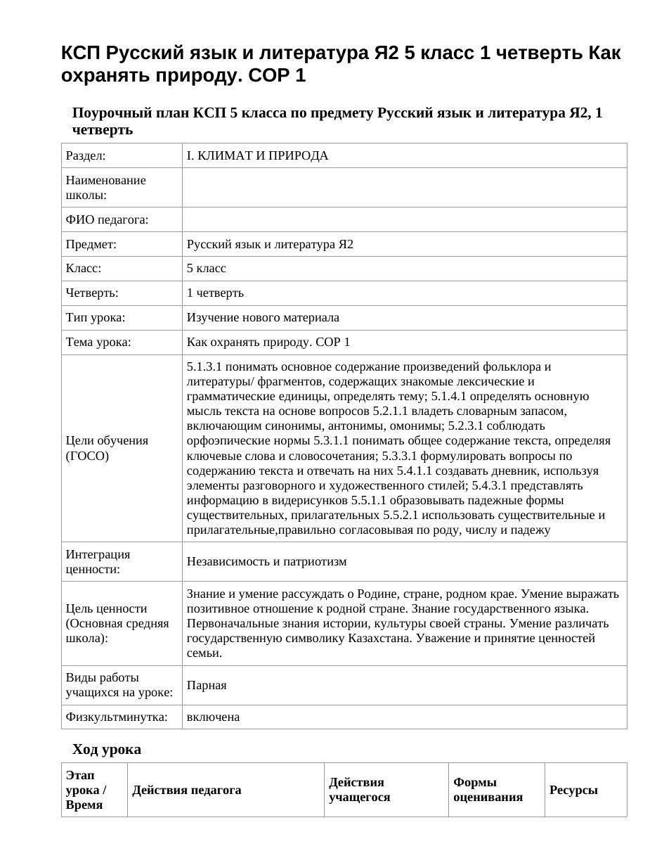 КСП Русский язык и литература Я2 5 класс 1 четверть Как охранять природу. СОР 1