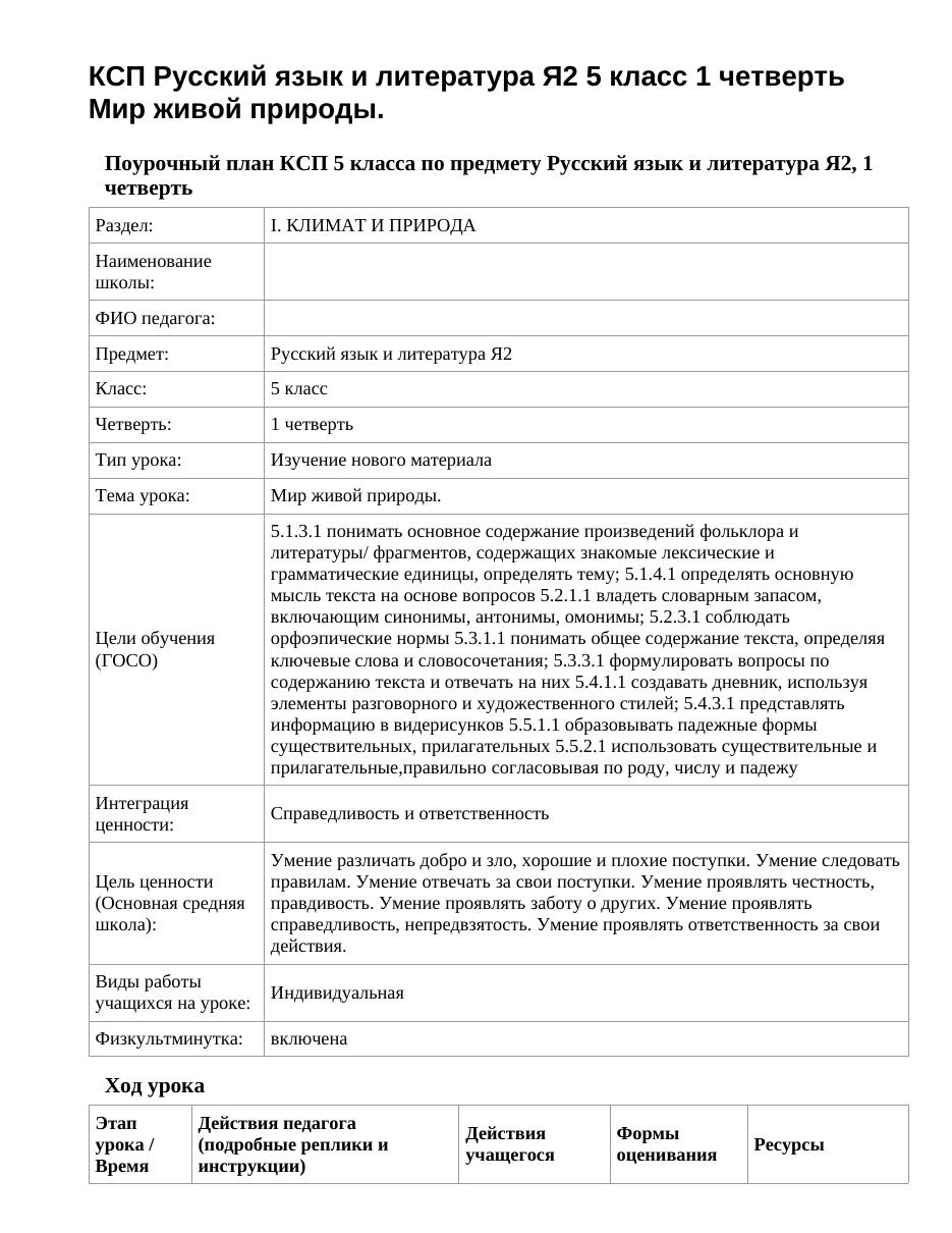 КСП Русский язык и литература Я2 5 класс 1 четверть Мир живой природы.