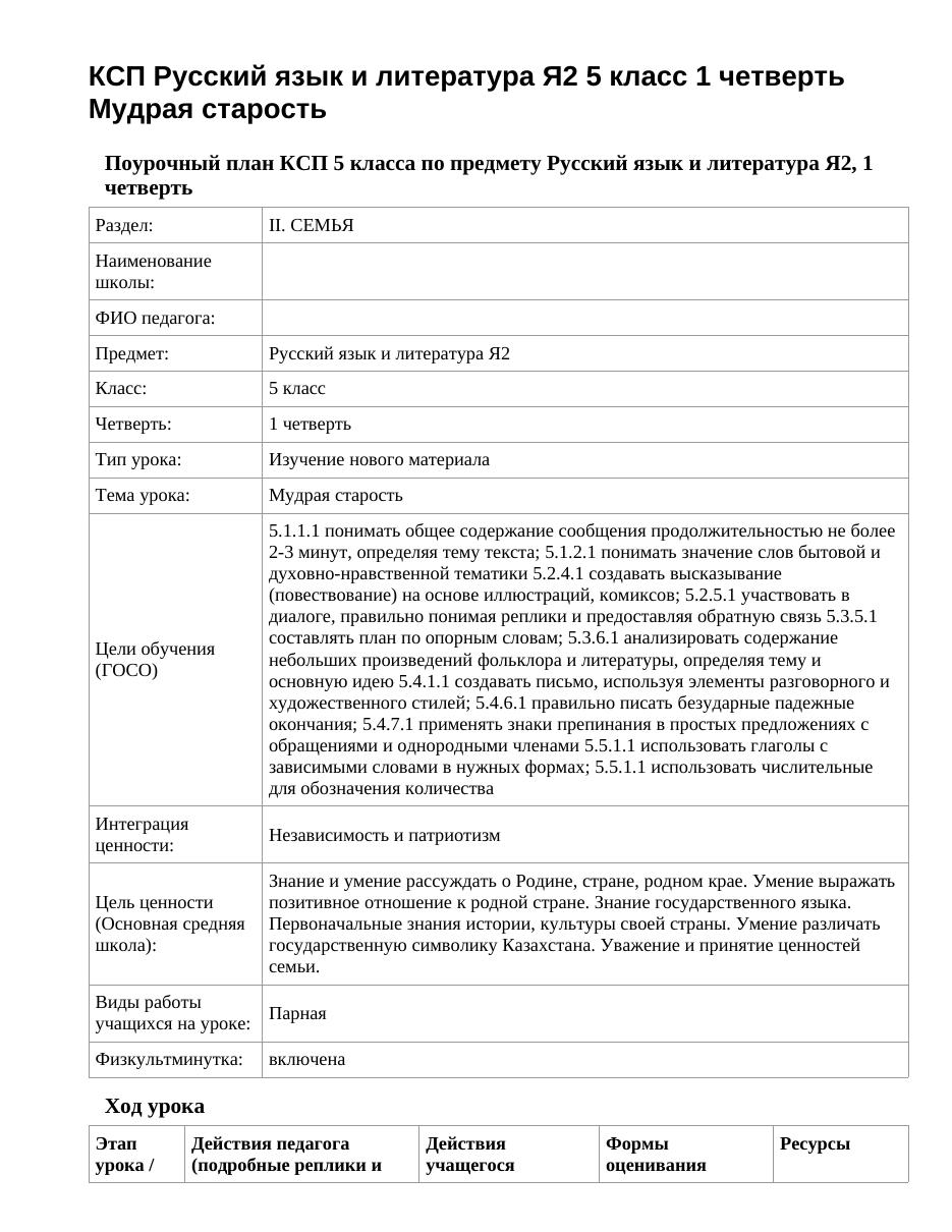 КСП Русский язык и литература Я2 5 класс 1 четверть Мудрая старость