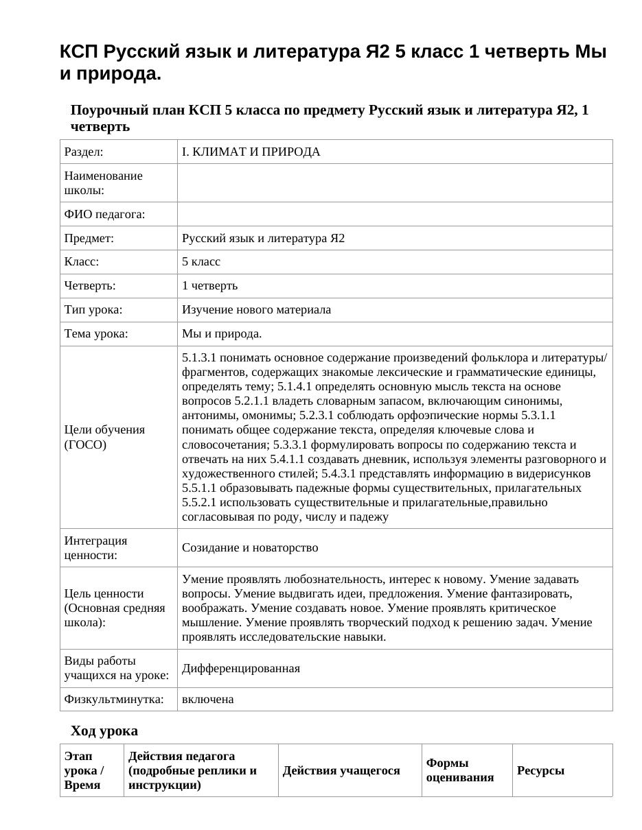 КСП Русский язык и литература Я2 5 класс 1 четверть Мы и природа.