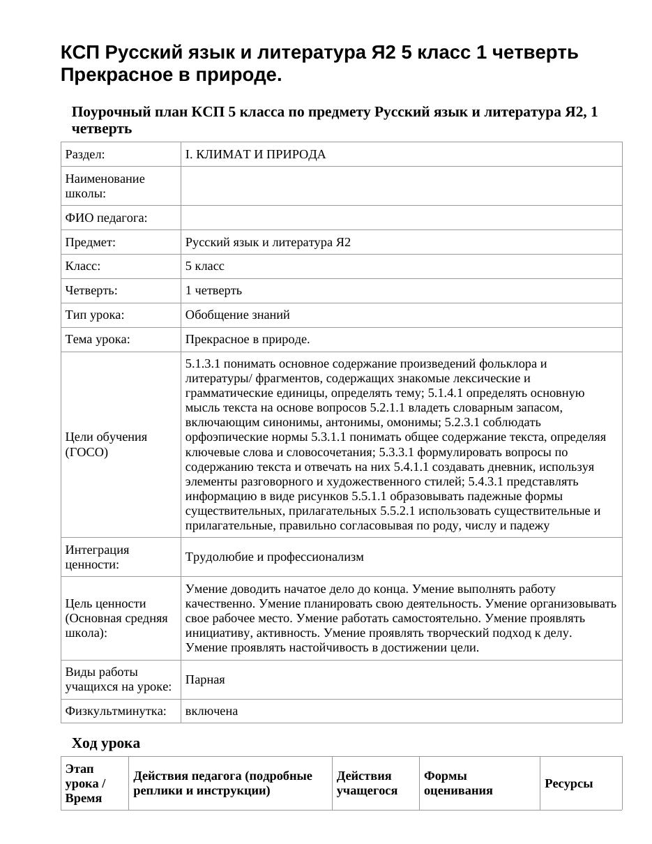 КСП Русский язык и литература Я2 5 класс 1 четверть Прекрасное в природе.