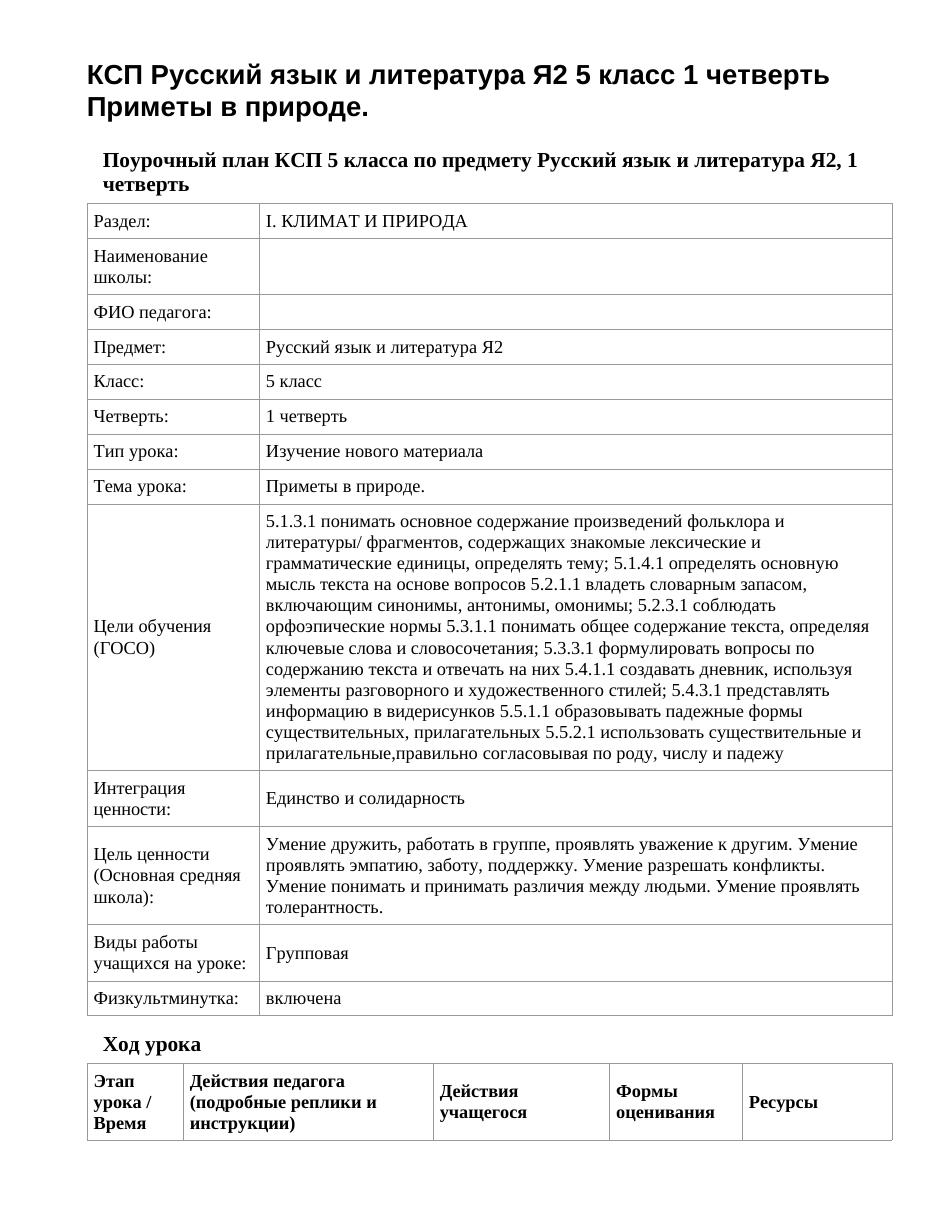 КСП Русский язык и литература Я2 5 класс 1 четверть Приметы в природе.