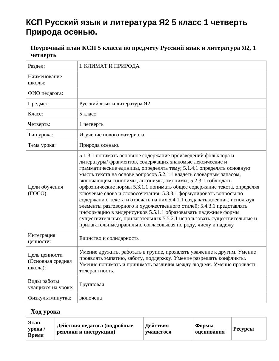 КСП Русский язык и литература Я2 5 класс 1 четверть Природа осенью.