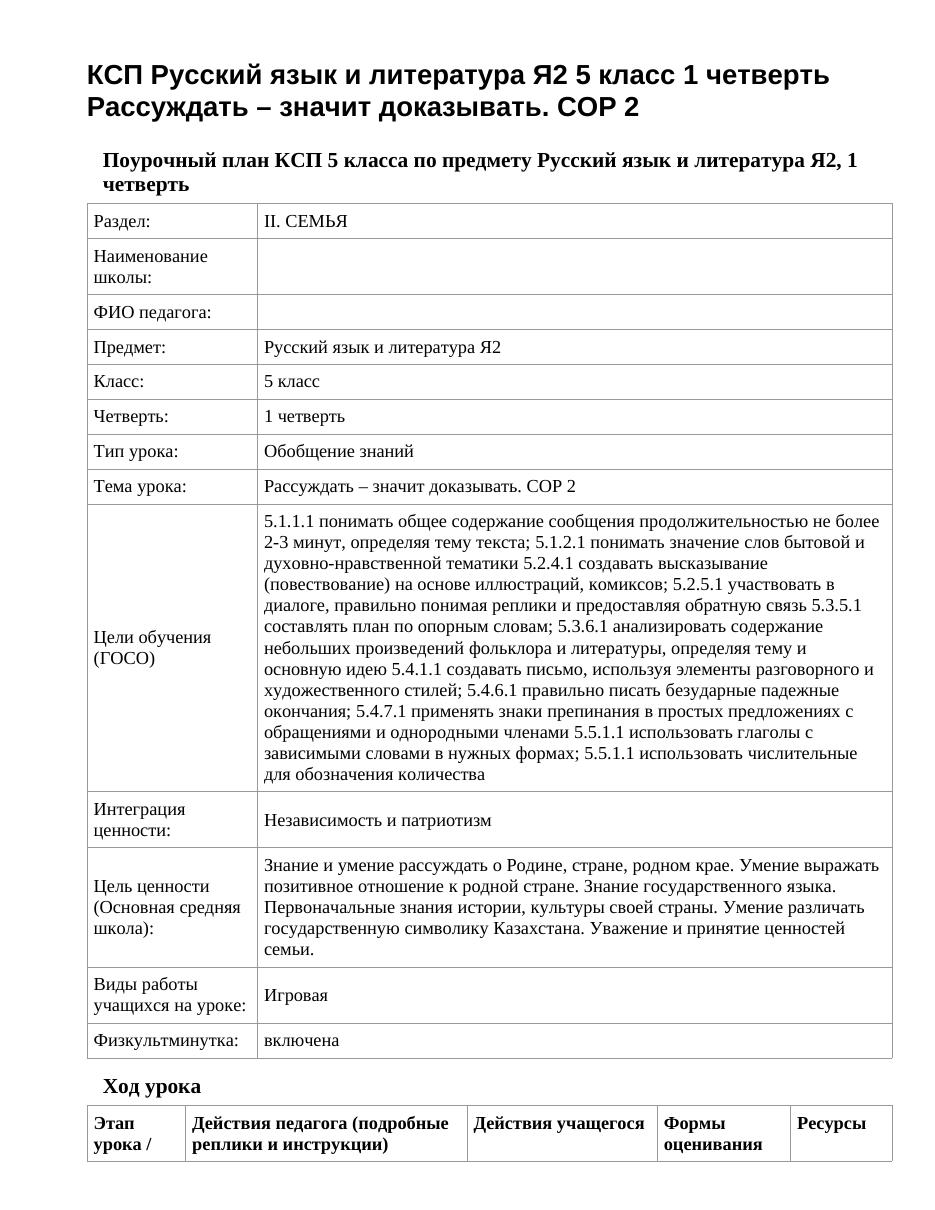КСП Русский язык и литература Я2 5 класс 1 четверть Рассуждать – значит доказывать. СОР 2