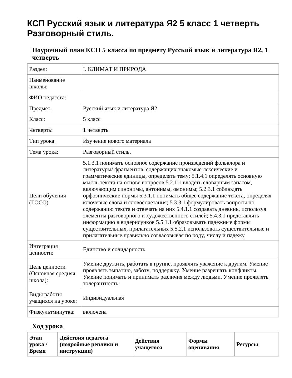 КСП Русский язык и литература Я2 5 класс 1 четверть Разговорный стиль.