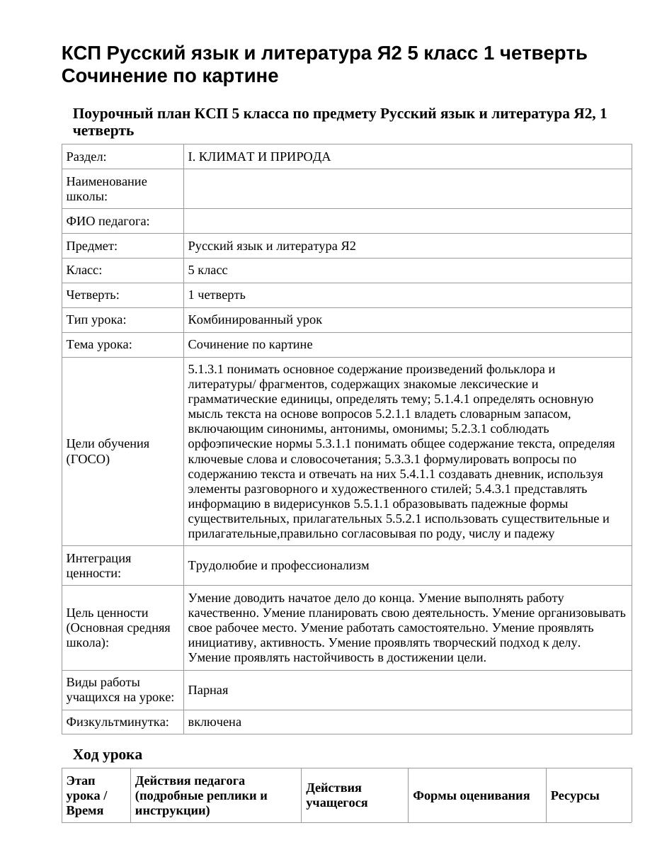 КСП Русский язык и литература Я2 5 класс 1 четверть Сочинение по картине
