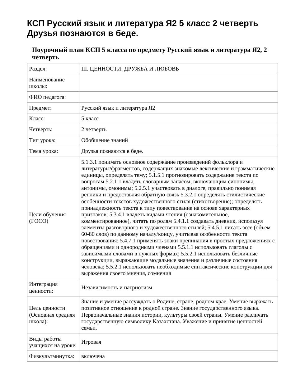 КСП Русский язык и литература Я2 5 класс 2 четверть Друзья познаются в беде.