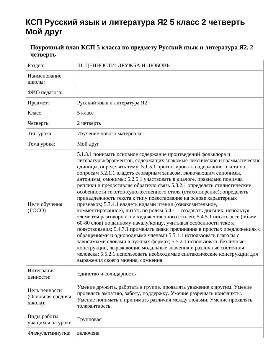 КСП Русский язык и литература Я2 5 класс 2 четверть Мой друг