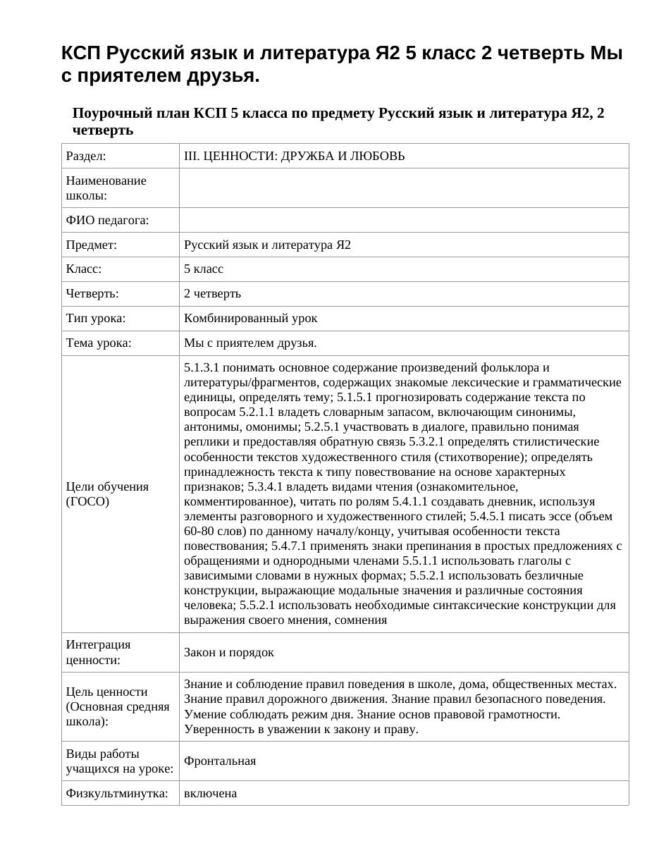 КСП Русский язык и литература Я2 5 класс 2 четверть Мы с приятелем друзья.