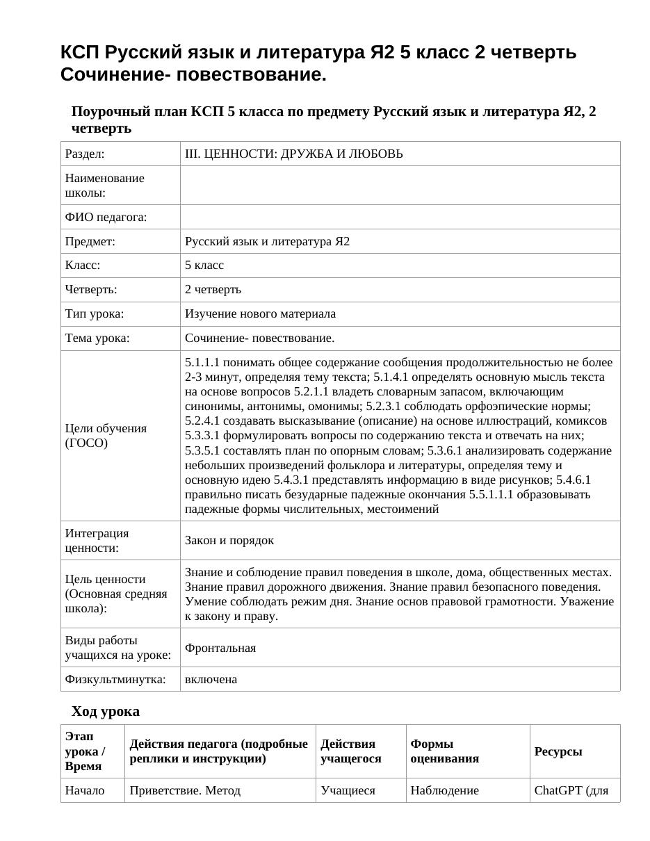 КСП Русский язык и литература Я2 5 класс 2 четверть Сочинение- повествование.