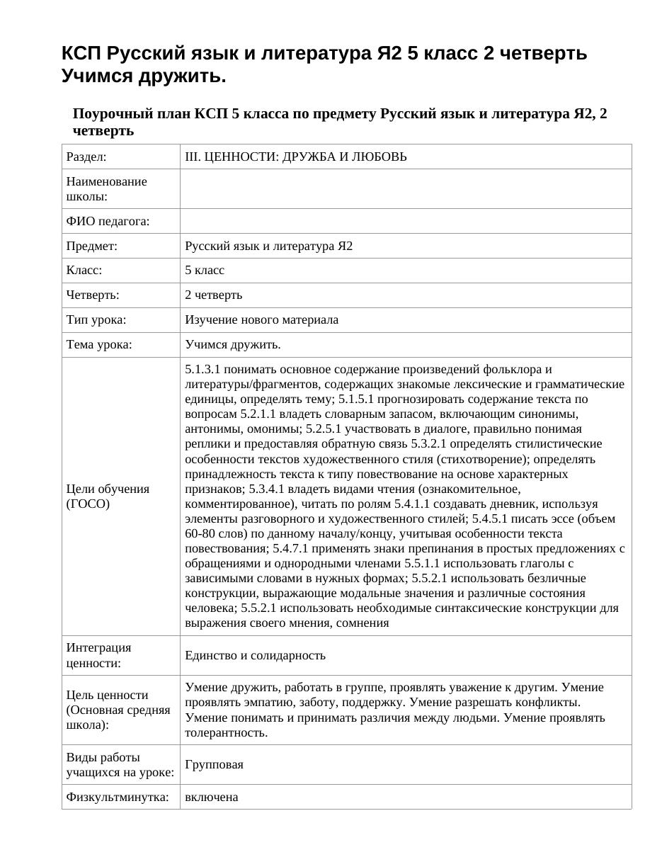 КСП Русский язык и литература Я2 5 класс 2 четверть Учимся дружить.