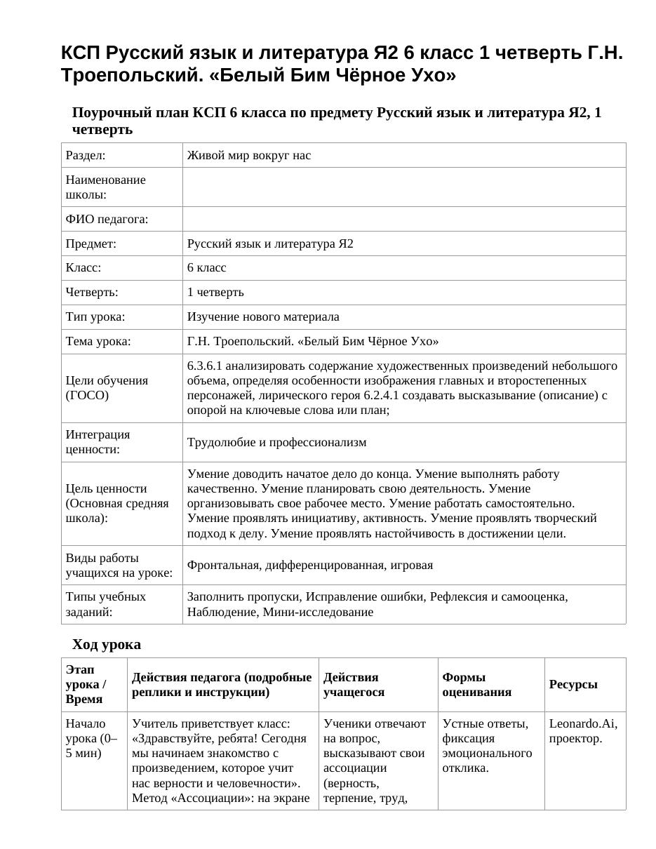 КСП Русский язык и литература Я2 6 класс 1 четверть Г.Н. Троепольский. «Белый Бим Чёрное Ухо»