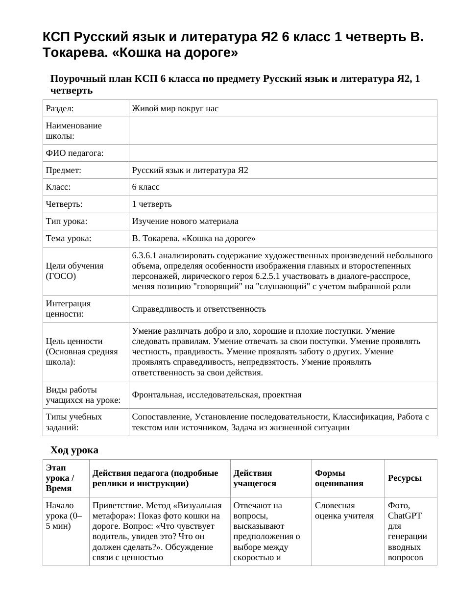 КСП Русский язык и литература Я2 6 класс 1 четверть В. Токарева. «Кошка на дороге»