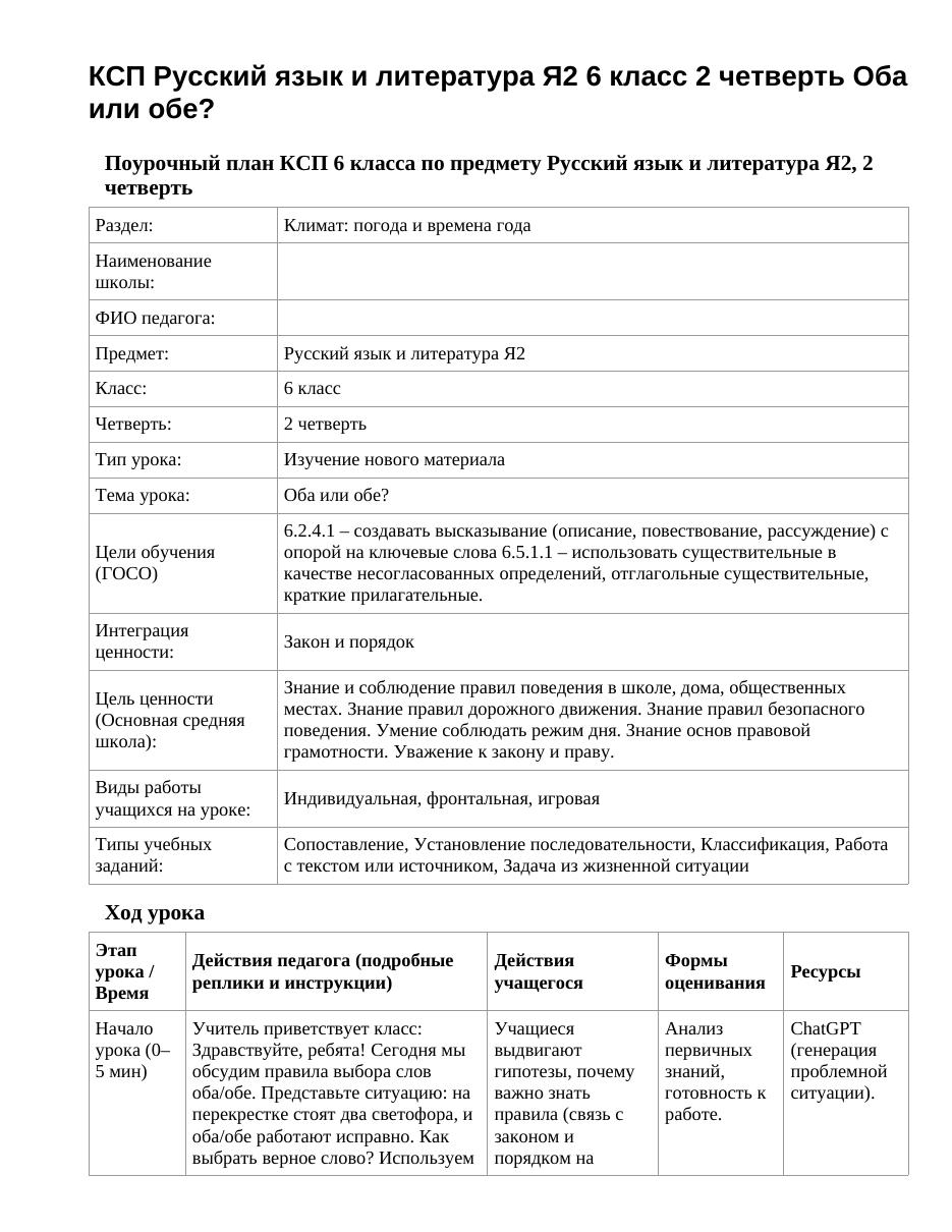 КСП Русский язык и литература Я2 6 класс 2 четверть Оба или обе?