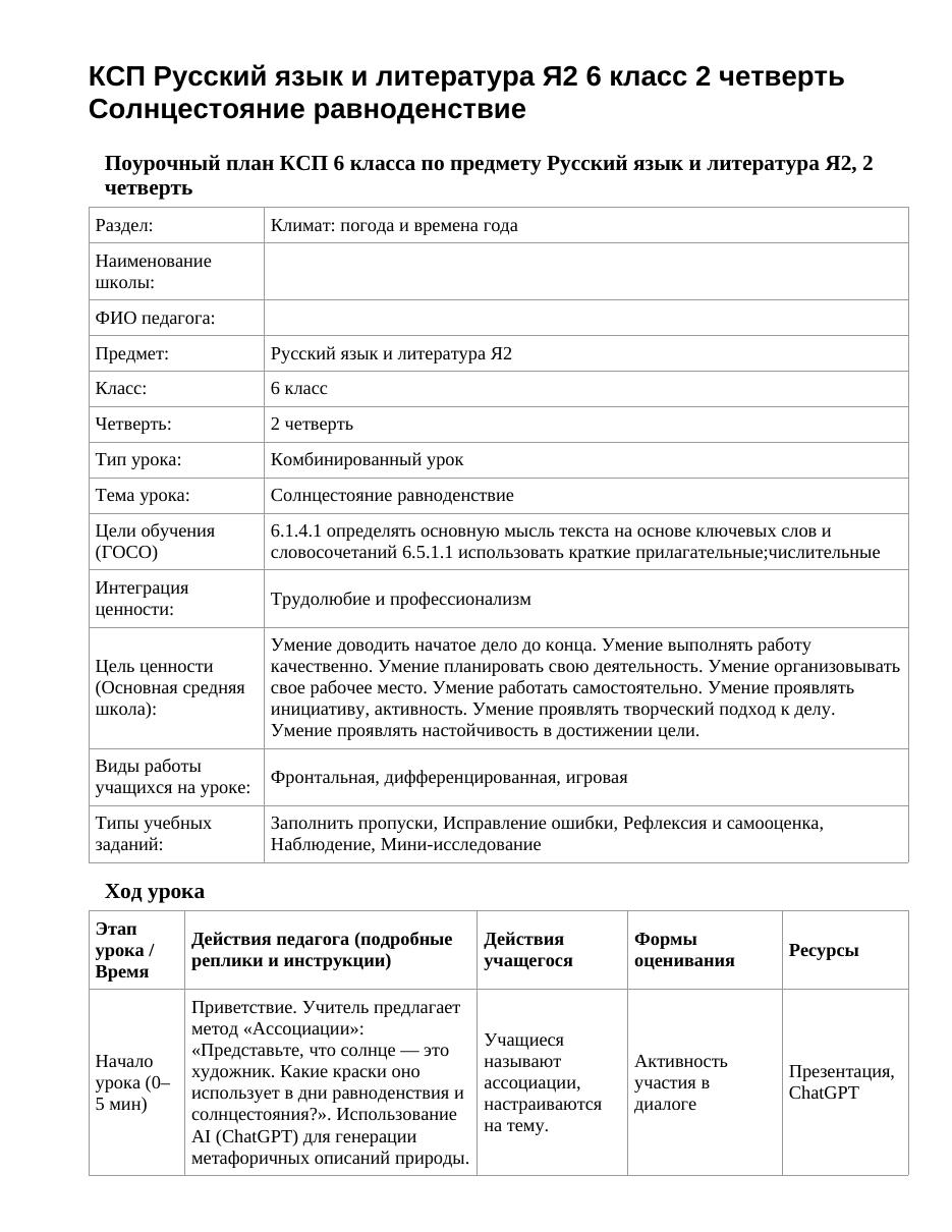 КСП Русский язык и литература Я2 6 класс 2 четверть Солнцестояние равноденствие