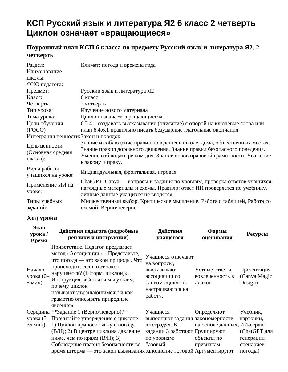 КСП Русский язык и литература Я2 6 класс 2 четверть Циклон означает «вращающиеся»