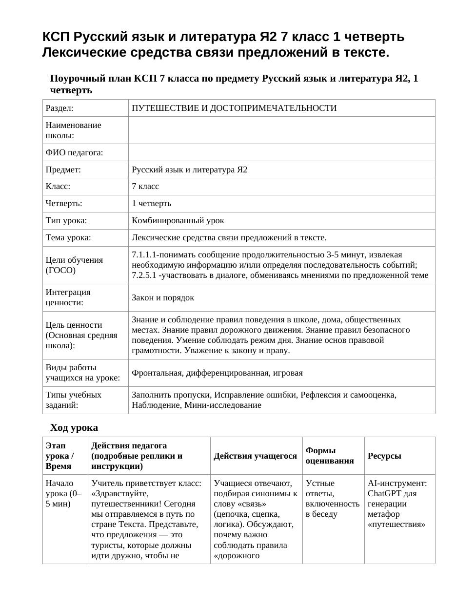 КСП Русский язык и литература Я2 7 класс 1 четверть Лексические средства связи предложений в тексте.