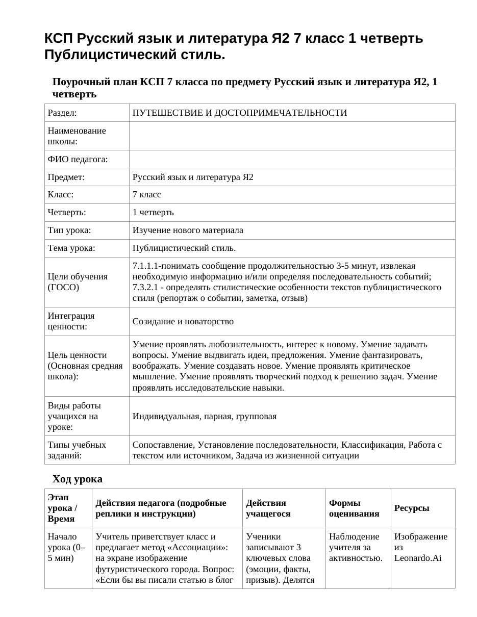 КСП Русский язык и литература Я2 7 класс 1 четверть Публицистический стиль.