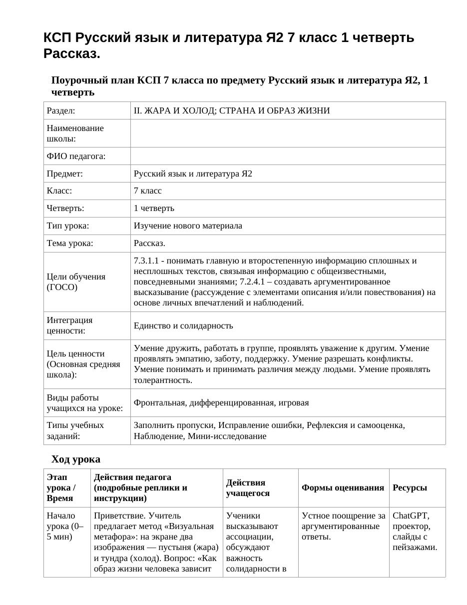 КСП Русский язык и литература Я2 7 класс 1 четверть Рассказ.