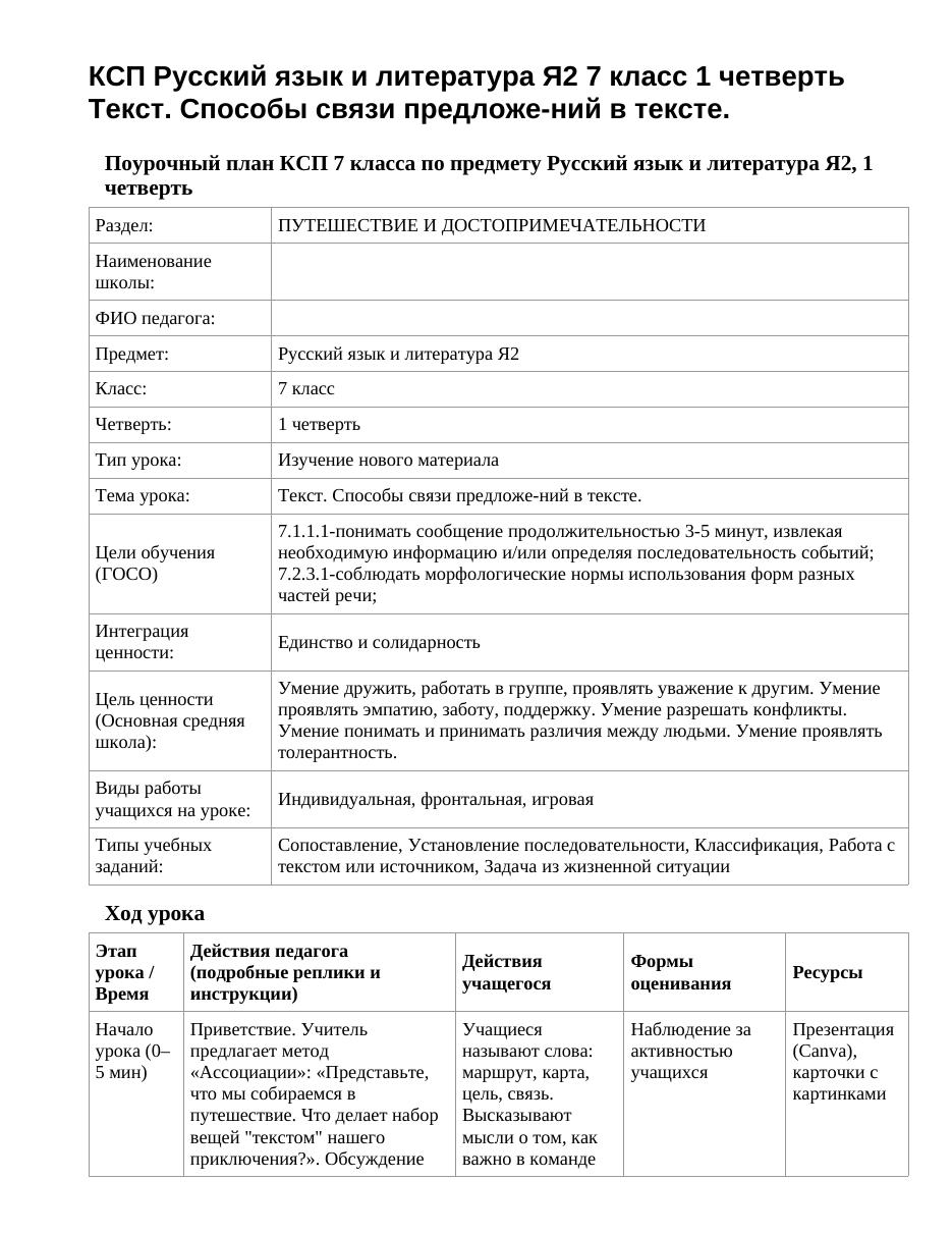 КСП Русский язык и литература Я2 7 класс 1 четверть Текст. Способы связи предложе-ний в тексте.