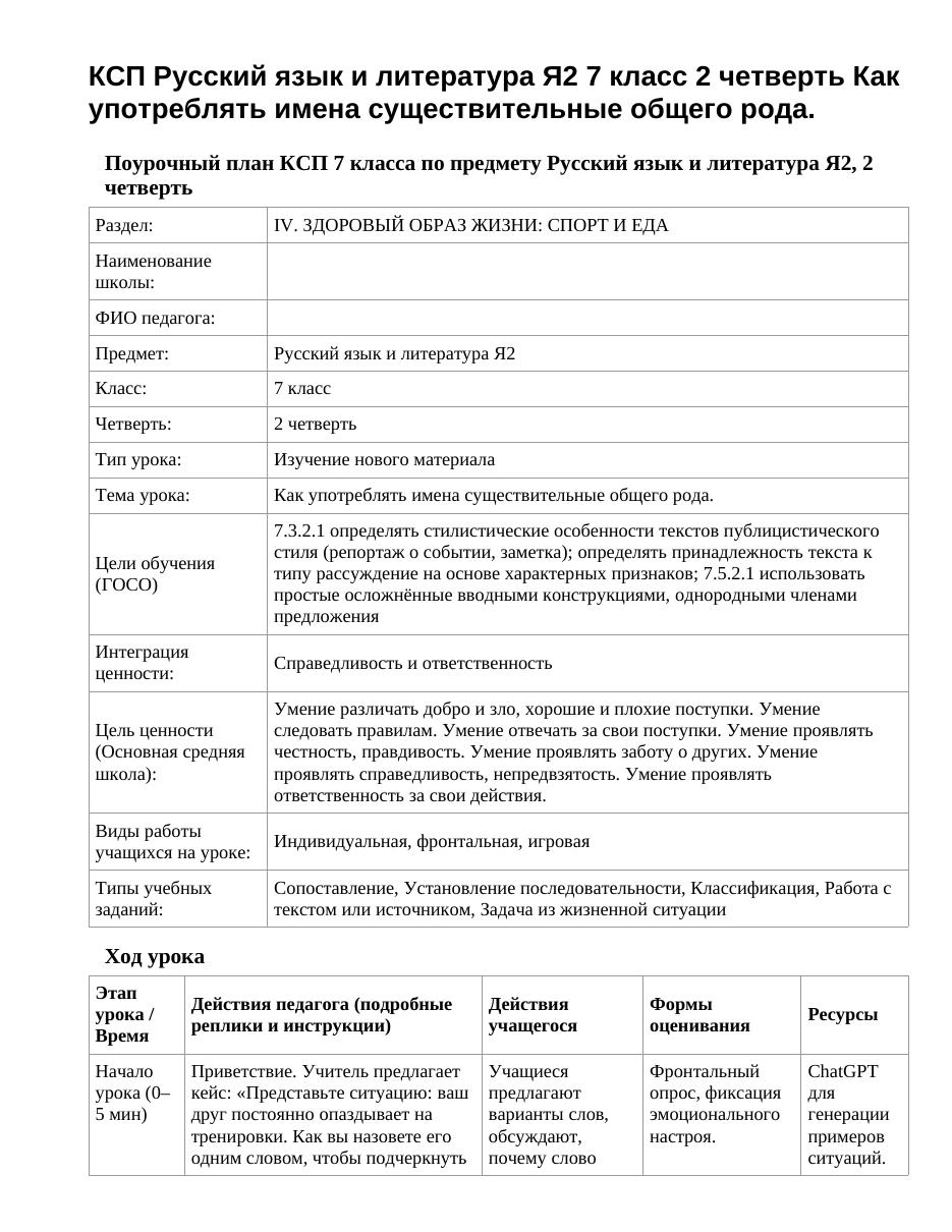КСП Русский язык и литература Я2 7 класс 2 четверть Как употреблять имена существительные общего рода.
