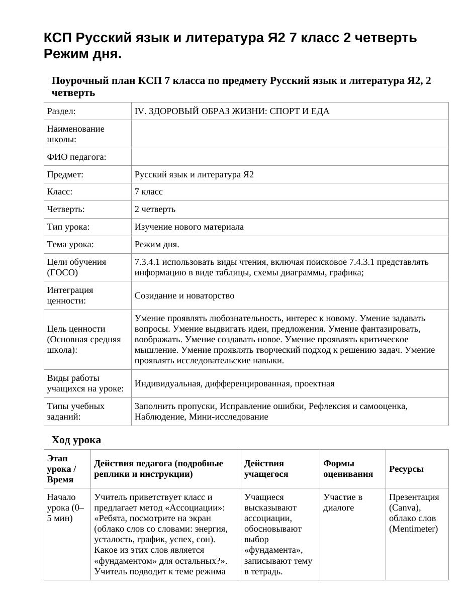 КСП Русский язык и литература Я2 7 класс 2 четверть Режим дня.