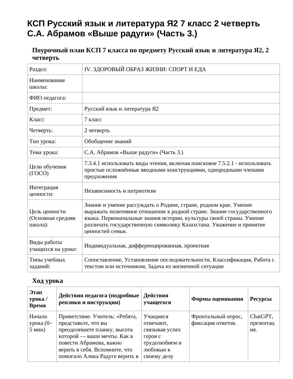 КСП Русский язык и литература Я2 7 класс 2 четверть С.А. Абрамов «Выше радуги» (Часть 3.)