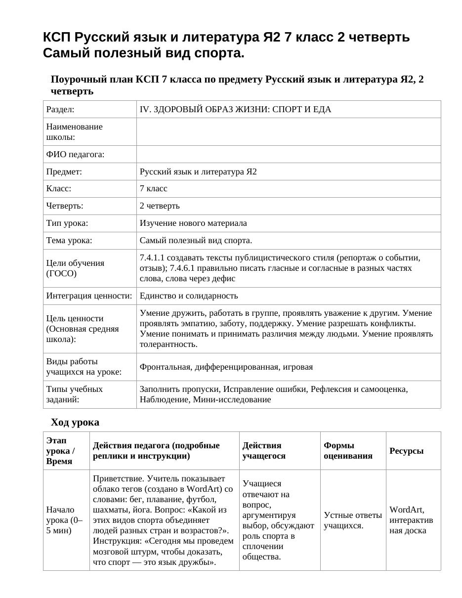 КСП Русский язык и литература Я2 7 класс 2 четверть Самый полезный вид спорта.