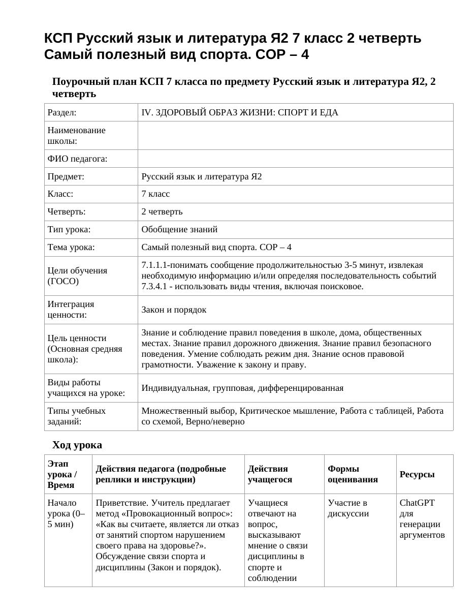КСП Русский язык и литература Я2 7 класс 2 четверть Самый полезный вид спорта. СОР – 4