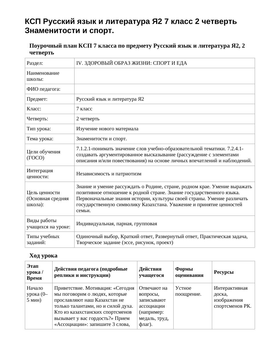 КСП Русский язык и литература Я2 7 класс 2 четверть Знаменитости и спорт.